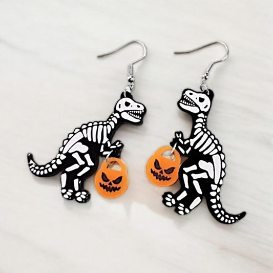Dino Skeleton Earrings, Acrylic, Dangle Earrings
