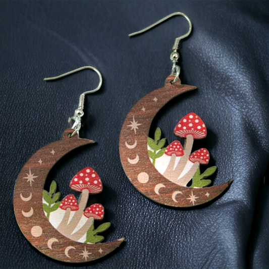 Mushrooms on Cresent Moon Wooded Earrings