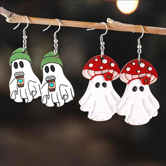 Ghost Earrings, Wood, Acrylic, Dangle Earrings