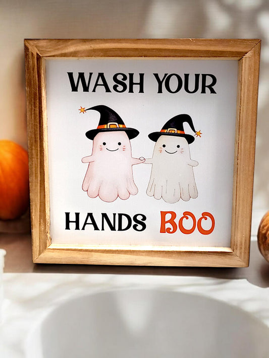 Wash Your Hands Boo" Halloween Wall Decor - 8x8 Wood Sign, Bathroom Decor