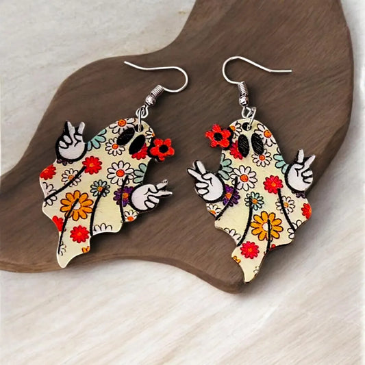 Wood Peace Ghost Earrings